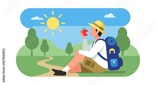 Illustration of a hiker eating an apple while enjoying a sunny day in nature