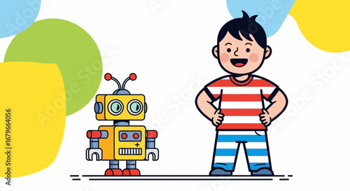 Illustration of a cartoon boy with a robot friend, concept of technology with kids