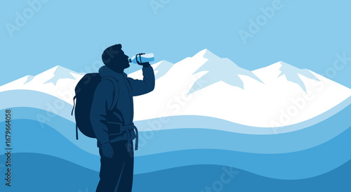 Illustration of a hiker drinking water in a snowy mountain landscape