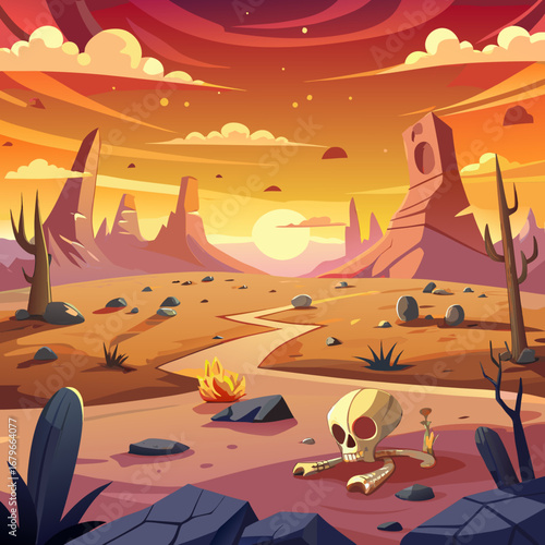 Vector illustration of an abandoned desert landscape at sunset with cartoon style and weathered elements