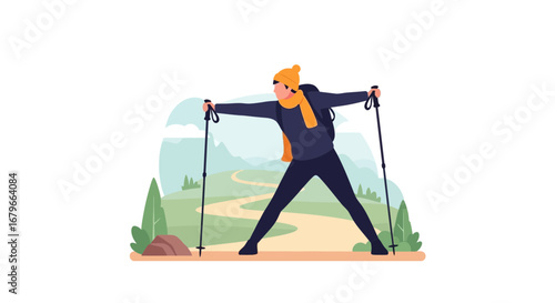 Illustration of a hiker enjoying the outdoors with hiking poles on a nature trail