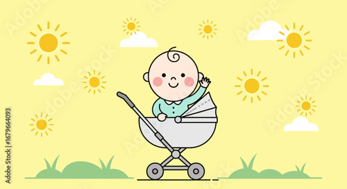 Illustration of a cheerful baby in a stroller on a sunny day looking happy