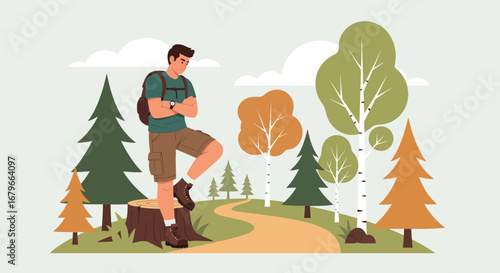 Illustration of a hiker enjoying a scenic view in a beautiful natural forest environment