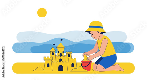Illustration of a child building a sandcastle on the beach during summertime