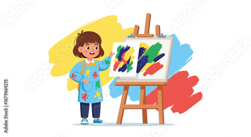 Illustration of a child artist painting with colorful paint on canvas in art class