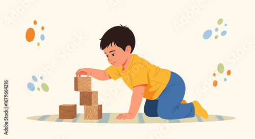 Illustration of a child building a tower with wooden blocks during playtime perfectly