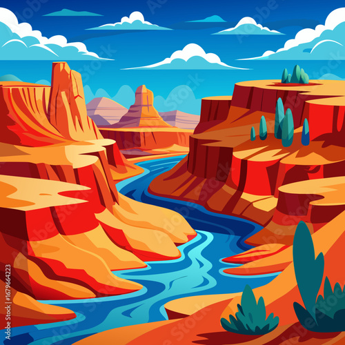 Vibrant colorful desert canyon landscape with winding river and dramatic skies vector illustration
