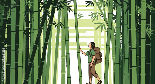 Illustration of a hiker in a bamboo forest, adventure and nature concept
