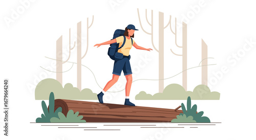 Illustration of a hiker gracefully walking on a log in a serene forest setting