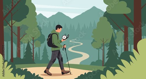 Illustration of a hiker in the forest using a compass, enjoying the nature and adventure
