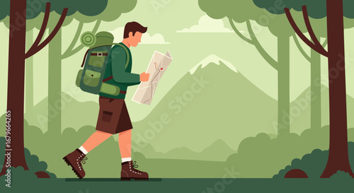 Illustration of a hiker looking at a map in the forest, mountain in the background