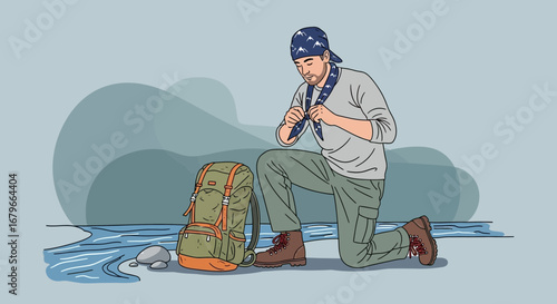 Illustration of a hiker preparing before his adventure near a river or a lake environment