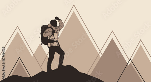 Illustration of a hiker reaching a mountain summit with a view of scenic mountains