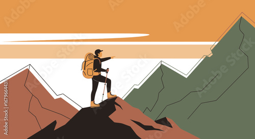 Illustration of a hiker reaching the top of a mountain with a backpack vector style