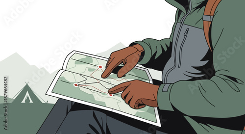 Illustration of a hiker reviewing a map while camping outdoors on an adventure