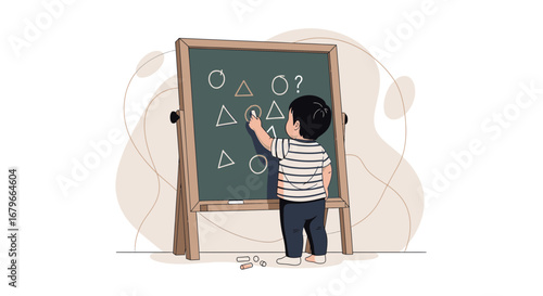 Illustration of a child learning shapes on a blackboard with chalk and a wooden stand