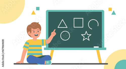 Illustration of a child learning shapes on a chalkboard in a classroom setting
