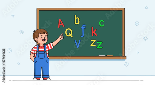 Illustration of a child learning the alphabet in a colorful classroom scene