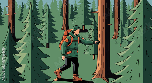 Illustration of a Hiker Walking in a Lush Green Forest Among Tall Trees