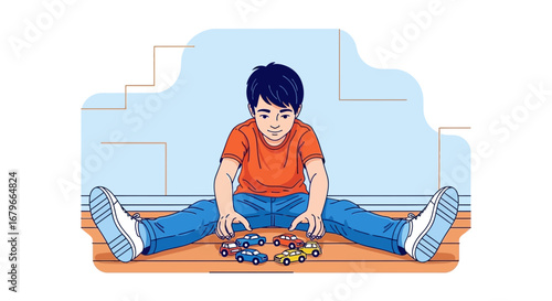 illustration of a child playing and enjoying with toy cars happily inside a house