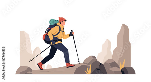 Illustration of a hiker with a backpack climbing a mountain on a white background