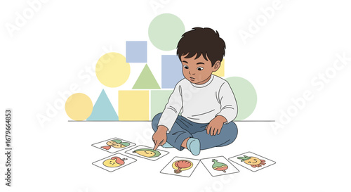 Illustration of a child playing educational cards with shapes and fruits on cards