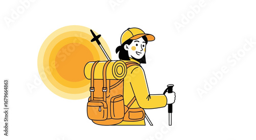 Illustration of a hiker with a backpack enjoying a sunny day outdoors