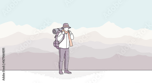 Illustration Of A Hiker With A Backpack Standing In Front Of Mountainous Landscape
