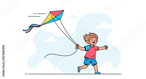Illustration of a child playing with a kite in a bright and sunny atmosphere