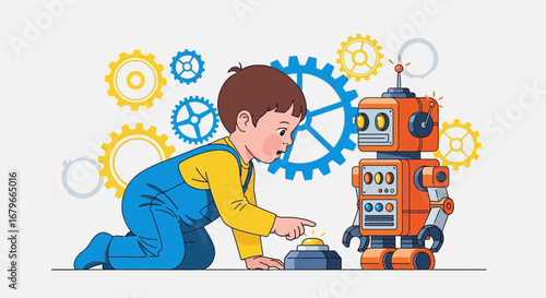 Illustration of a child playing with a robot with gears representing technology and innovation