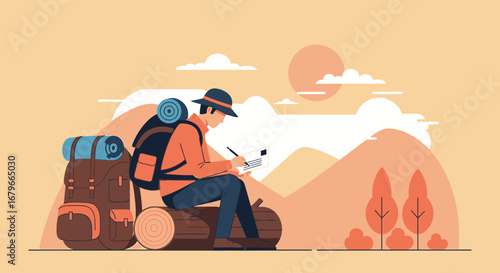 Illustration of a Hiker Writing in a Notebook while Enjoying Nature and Mountain Views