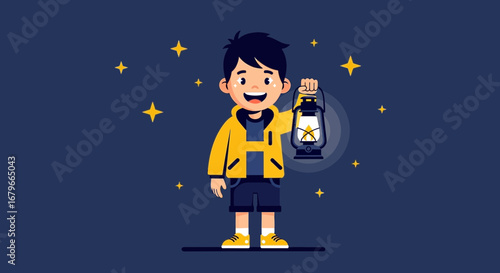 Illustration of a joyful child holding a lantern under a starry night sky