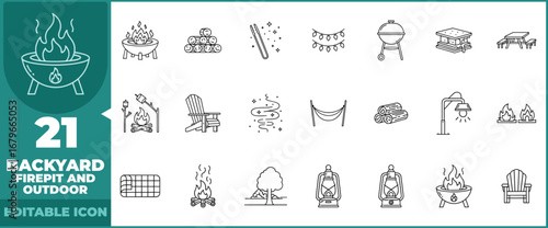 Backyard Firepit and Outdoor line icon set. Vector pictograms of campfire, barbecue, picnic, camping, relaxation, and leisure thin linear illustration.