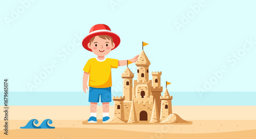 Illustration of a joyful kid building a sandcastle on the beach in a sunny day