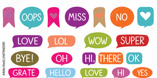 Collection of colorful speech bubbles with positive and common expressions and words