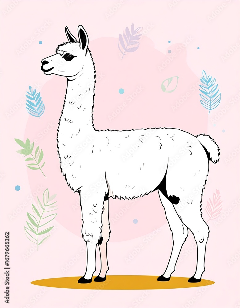 Fototapeta premium Cute llama illustration with pastel floral background