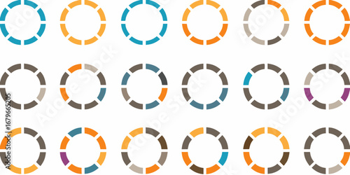 Collection of circular segmented diagrams with various color combinations for data visualization