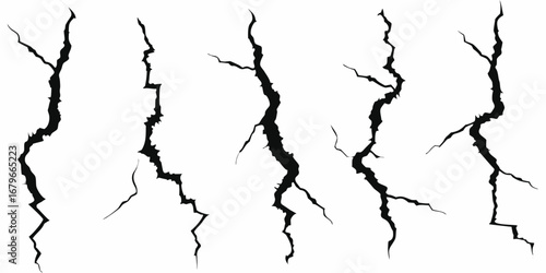Collection of five black silhouette cracked lines on white background for design elements