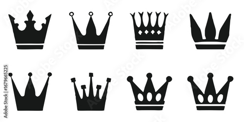 Collection of eight stylized black crown icons representing royalty leadership and power