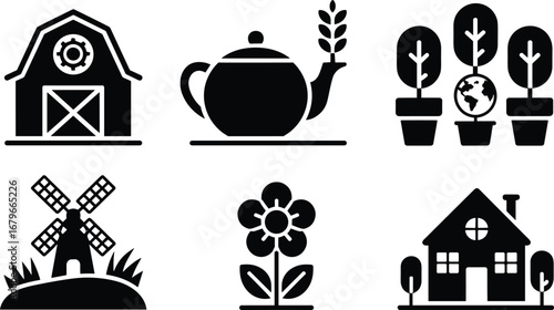 Collection of six black and white farming and nature icons on white background Keywords: farming