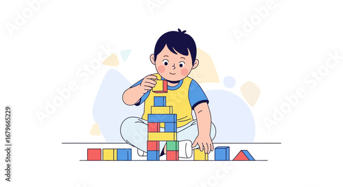 Illustration of a Kid Playing with Colorful Building Blocks Creating a Tower Structure