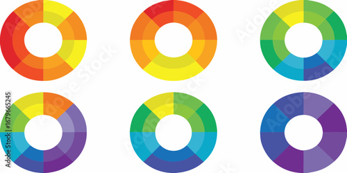 Six colorful circular color wheels with segmented sections showing color gradients and combinations
