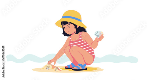 Illustration of a child playing with seashells on a sandy beach during summer vacation