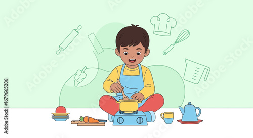 Illustration of a little boy cooking in the kitchen making food having fun