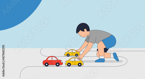 Illustration of a child playing with toy cars on a track in a minimalist style