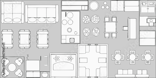 Top down view of interior design elements including furniture and kitchen appliances