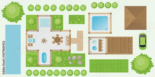 Top view illustration of a modern backyard design with a house pool and car