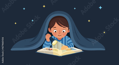 Illustration of a child reading a book under a blanket with a flashlight at night time
