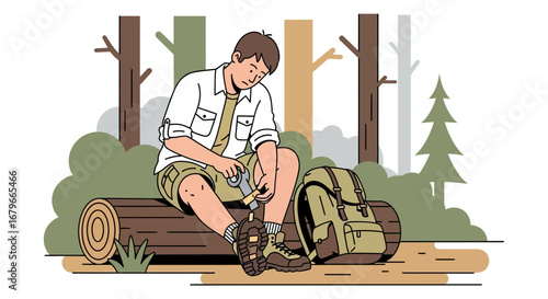 Illustration of a man applying a bandage to his leg while hiking in the forest