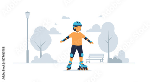 Illustration Of A Child Rollerblading Outdoors In A Park During The Day